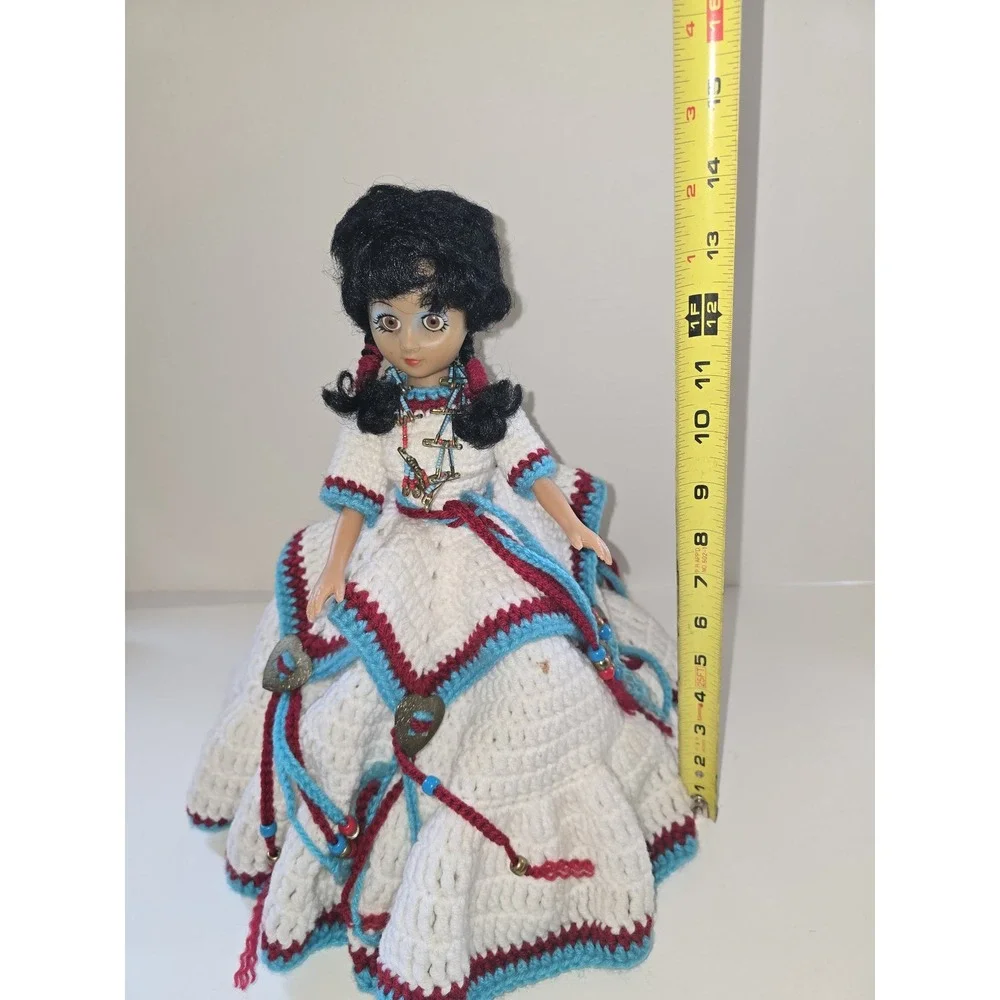 Vintage 12 Inch Fashion Doll Hand Crochet White Turquoise Burgundy Dress Beaded